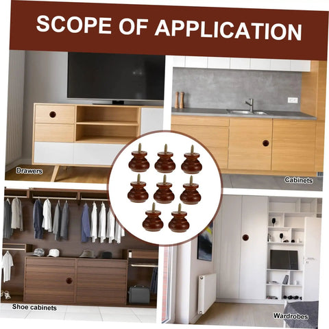 Eight Pack Round Wood Door Knobs For Drawers Wardrobes Cabinets And Closets Easy Install shown in various furniture setups.