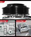 Premium Air Conditioning Compressor With Rock Solid Clutch Direct Bolt On For Your Daily Driver Chrysler 300 Dodge Charger Challenger 2014 Through 2023 V6 3.6 Liter showing pulley, rubber plug, and power plug.