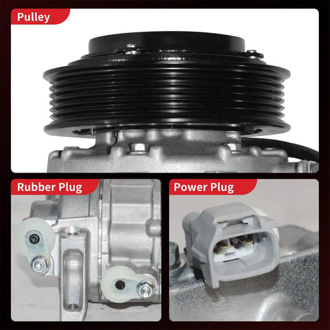 Premium Air Conditioning Compressor With Rock Solid Clutch Direct Bolt On For Your Daily Driver Chrysler 300 Dodge Charger Challenger 2014 Through 2023 V6 3.6 Liter showing pulley, rubber plug, and power plug.