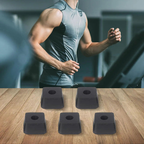 Five Pack Rubber Shock Absorbing Pads For Gym Equipment Anti Slip Feet Bumpers With 16mm Hole 46x46x25mm shown on wooden floor