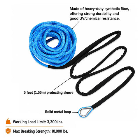 Beefed Up Heavy Duty Synthetic Winch Rope One Quarter Inch By Fifty Feet, 10,000 Lb Capacity, shown with protecting sleeve and loop.