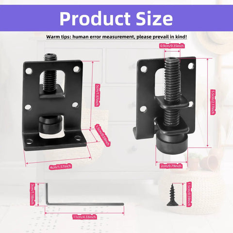 16 Piece Adjustable Leveling Feet Set For Cabinets, Wardrobes, And Tables, dimensions and components overview