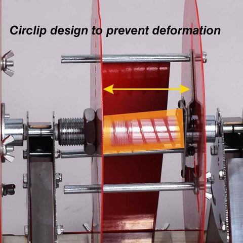 Built Tough Folding Cable Rack With Single Axis Wire Dispenser close-up, highlighting circlip design to prevent deformation.