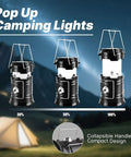 Collapsible Solar Camping Lantern With USB Rechargeable LED Flashlight in three lighting modes outdoors next to tent