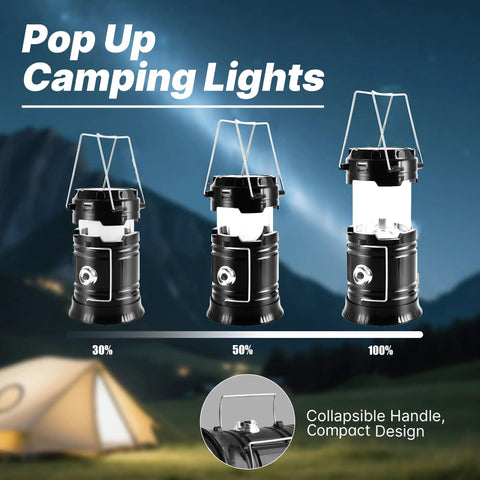 Collapsible Solar Camping Lantern With USB Rechargeable LED Flashlight in three lighting modes outdoors next to tent