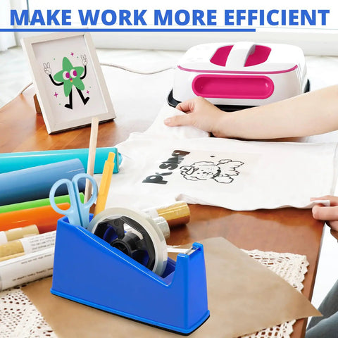 2-In-1 Heat Tape Dispenser For Sublimation And Regular Tape One-Handed Blue Desk Holder with craft supplies on desk