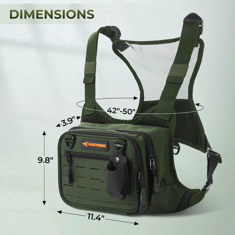 Bait Boss Water-Resistant Fishing Chest Pack with EVA Zip-Down Workstation in Oxford Fabric showing dimensions 11.4 x 9.8 x 3.9 inches