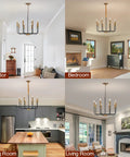 Industrial Eight Light Farmhouse Chandelier With Rustic Iron Candle Pendants in corridor, bedroom, dining, and living room.