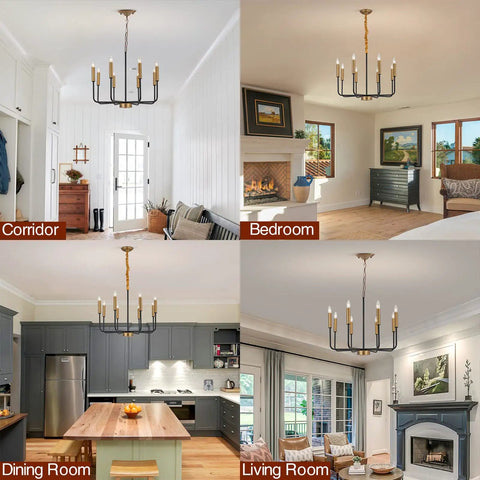 Industrial Eight Light Farmhouse Chandelier With Rustic Iron Candle Pendants in corridor, bedroom, dining, and living room.