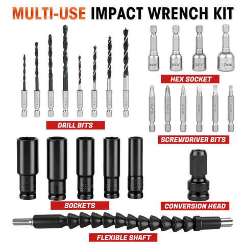 Heavy Hitter One Half Inch Cordless Impact Wrench Boasts 405 Ft Lbs Raw Torque With Silent Brushless Motor And 2800 Rpm Kick Comes Loaded With Fast Charge Battery For Legit Shop Grind And Weekend Builds, multi-use impact wrench kit with drill and screwdriver bits.