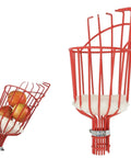 Fruit Picker Basket With Adjustable Knob For Juicy Apples From Trees, vinyl-coated metal basket with apples, clamp visible