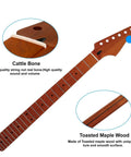 22-Fret Strat-Style Electric Guitar Neck With Canadian Roasted Maple Matte Finish 14-Inch Radius Fingerboard Bone Nut Polished Edges Ready For Replacement Or Upgrading Your Rig, close-up of nut and maple grain
