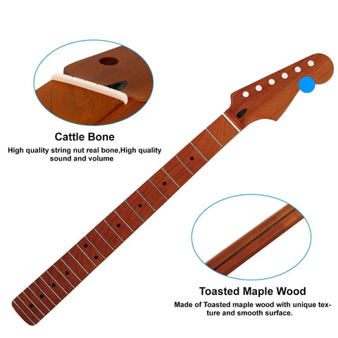 22-Fret Strat-Style Electric Guitar Neck With Canadian Roasted Maple Matte Finish 14-Inch Radius Fingerboard Bone Nut Polished Edges Ready For Replacement Or Upgrading Your Rig, close-up of nut and maple grain