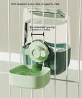 Hanging Gravity Pet Feeder Auto Water Dispenser No Drip Drinking Bowl Cage Mounted Food Dish For Dogs Cats Rabbits Heavy Duty Pp Plastic 37 Oz And 33 Oz Capacity Green Paw Friendly Chow Station close up showing secured water container in cage