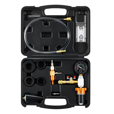 Universal Radiator Vacuum Refill Kit With Precision Gauge And Steel Tool Chest showing tools in case for car coolant service.