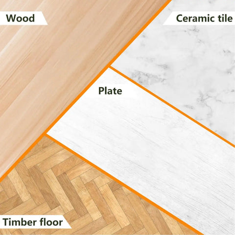 Different flooring types: wood, ceramic tile, and timber floor, highlighting surfaces for No Sweat Furniture Sliders use.