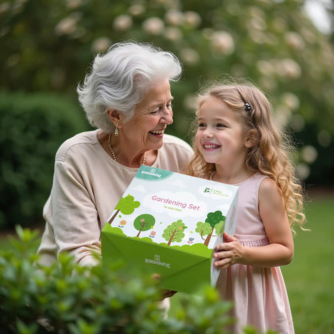 Grandmother and child holding Kids Garden Tool Set For Young Gardeners Kid Friendly STEM Learning Kit with Tote Bag outside