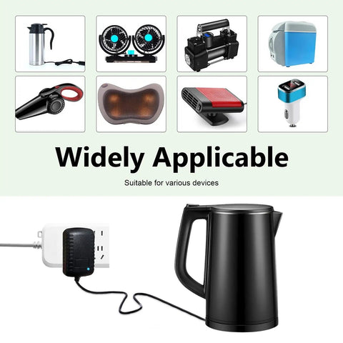 Top Shelf 120V To 12V 24W Ac Dc Converter Adapter Swaps Wall Outlet Power with a kettle plugged in at home.