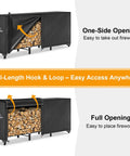 8-Foot Waterproof Firewood Rack Cover For Outdoor Wood Storage, Heavy-Duty 600D Canvas With Buckles And Full-Length Velcro in use