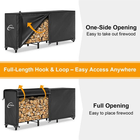 8-Foot Waterproof Firewood Rack Cover For Outdoor Wood Storage, Heavy-Duty 600D Canvas With Buckles And Full-Length Velcro in use