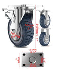 Heavy Duty Polyurethane Caster Wheels Set Of Four All Terrain Swivel Casters With Secure Locking Brakes, different angles and dimensions shown.