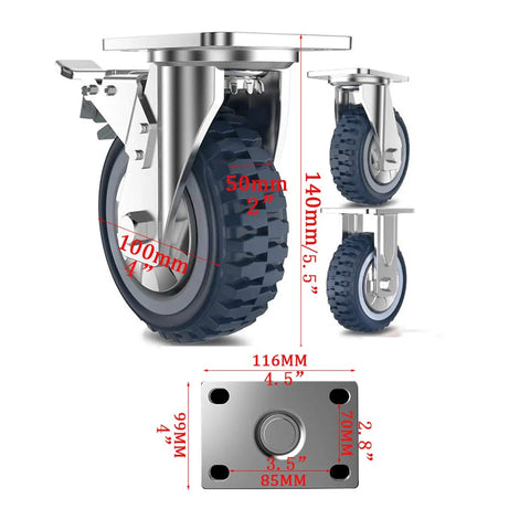 Heavy Duty Polyurethane Caster Wheels Set Of Four All Terrain Swivel Casters With Secure Locking Brakes, different angles and dimensions shown.