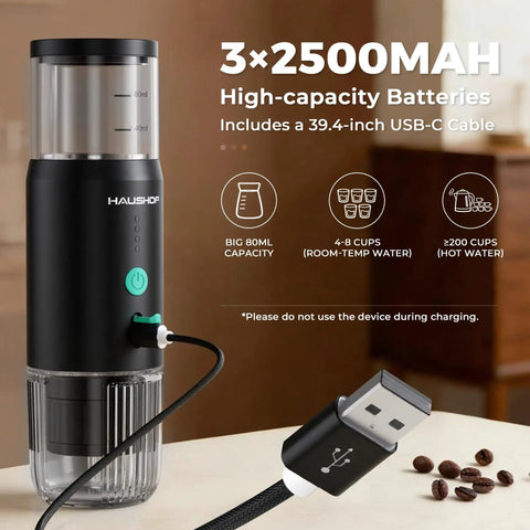 Portable Electric Espresso Machine With 20 Bar Pump, Fast Heat Up On The Go Coffee Maker USB C Rechargeable shown with USB cable