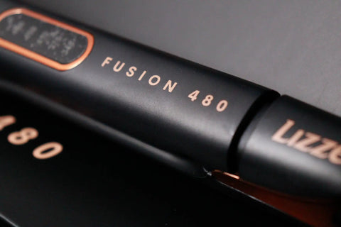 Fusion 480 Hair Straightener With High Heat Power close-up view with branding details on handle