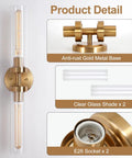 2-Light Gold Wall Sconces, Modern Bathroom Vanity Light with Glass Shades, anti-rust gold metal base, two clear glass shades
