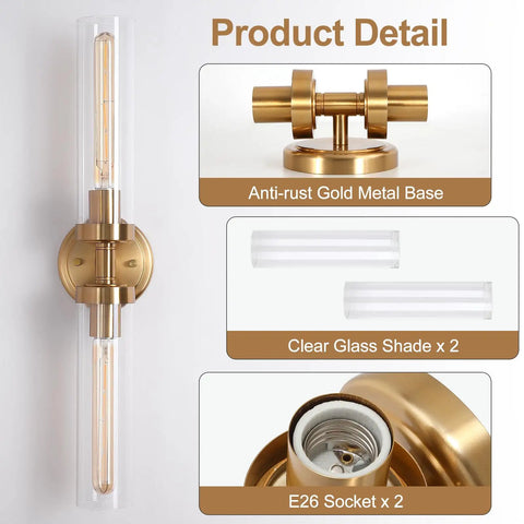 2-Light Gold Wall Sconces, Modern Bathroom Vanity Light with Glass Shades, anti-rust gold metal base, two clear glass shades