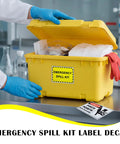 Go To Emergency Spill Kit Label Decals Pack Of Ten Five By Three And A Half Inch Vinyl Self Adhesive Waterproof Safety Signs For Industrial Hazmat Areas Clear Kit Station Notices For Fast Response And Easy Spill Location on yellow kit