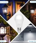 No-Fuss Dusk To Dawn Outdoor LED Bulbs 12W 6000K Cool White With Photocell Sensor Auto On Off E26 A19 in various outdoor settings.
