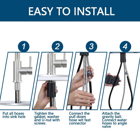 Installation steps for Heavy Duty Kitchen Faucet With Smooth Pull Down Sprayer In Top Shelf Brushed Nickel Rust Resistant Steel Body.