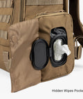 Close-up of hidden wipes pocket on MOLLE Compatible Diaper Backpack for Dads With Built-In Changing Mat And Stroller Straps