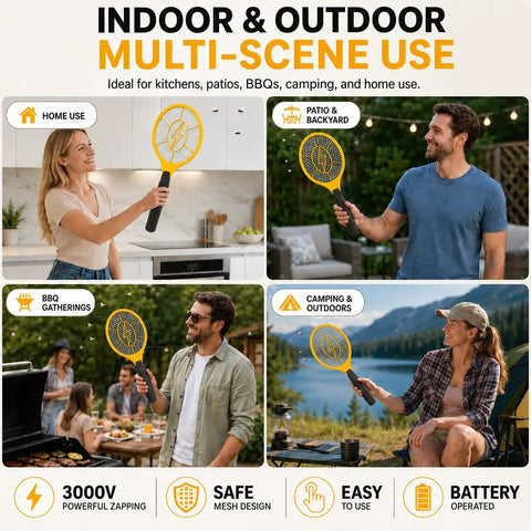 Collage showing Two Pack Handheld Bug Zapper Racket For Mosquitoes And Insects with 3000V High Voltage Electric Fly Swatter in various outdoor settings.