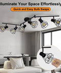 6 Light Track Lighting Fixture With Adjustable Heads In Black Wire Cage installed in modern kitchen living room.