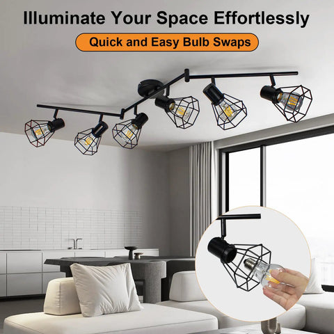 6 Light Track Lighting Fixture With Adjustable Heads In Black Wire Cage installed in modern kitchen living room.