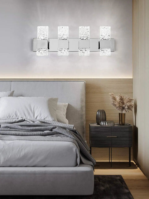 Modern LED Bathroom Vanity Light Fixtures Sleek Dope Chrome Stainless Steel Four Light Wall Sconces Over Mirror 28 Inch