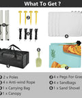 Components of 9x10ft Beach Tent Sun Shelter With Pickle Pizza Design Portable Canopy UPF 50 Plus Sun Protection