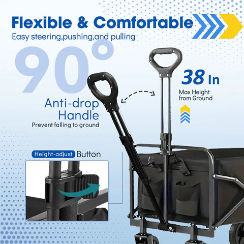 Anti-drop handle of a foldable collapsible wagon cart with all terrain wheels, heavy duty utility wagon holds up to 420 lbs
