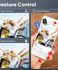 Image showing gesture control for Foldable 1080P Camera Drone for Beginners and Kids Real Time FPV One Key Start Gesture Selfie 3D Flips 3 Speed Modes Two Batteries Easy RC Quadcopter Gift for Boys and Girls, featuring a person using hand gestures to take photos and videos, with a mobile app interface.