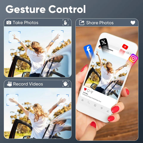 Image showing gesture control for Foldable 1080P Camera Drone for Beginners and Kids Real Time FPV One Key Start Gesture Selfie 3D Flips 3 Speed Modes Two Batteries Easy RC Quadcopter Gift for Boys and Girls, featuring a person using hand gestures to take photos and videos, with a mobile app interface.