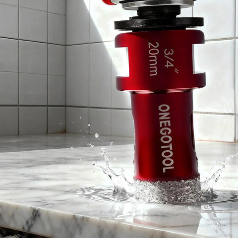 Diamond Hole Saw Kit For Porcelain Ceramic Concrete Granite Marble Tiles close-up on waterless drilling action on marble surface.