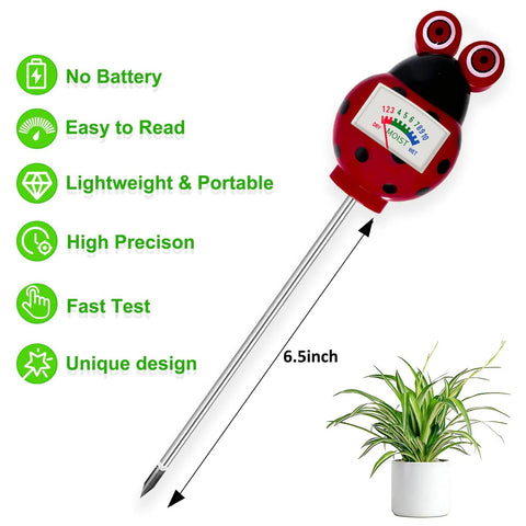 Battery Free Soil Moisture Meter For Houseplants And Outdoor Gardens Hygrometer Sensor Plant Water Meter And Soil Test Kit For Farm Lawn Indoor And Outdoor Use Must Have Gardening Gift For Plant Care, 6.5-inch red ladybug meter with potted plant