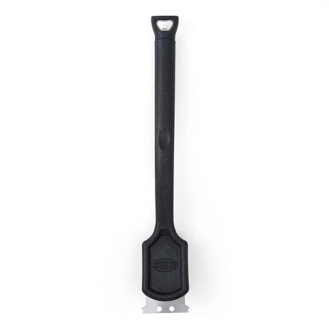 Grill Cleaning Brush With Nylon Bristles And Scraper featuring a rubber handle and built-in bottle opener, 17 inch length.