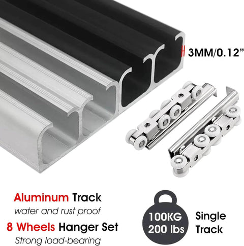 Double Bypass Sliding Closet Door Track Kit With Aluminum Box Rail And Pocket Door Hardware Easy To Cut 3mm Thick Rail 8 Wheel Hanger Set Supports Up To 100 Kg Lengths From 3 To 16 Feet Silver Finish showing aluminum track and 8 wheel hanger set.