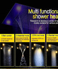 Multi functional shower head showing different spray modes for Brushed Nickel Recessed LED Rainfall Shower System With Thermostatic Valve And Handheld Sprayer.