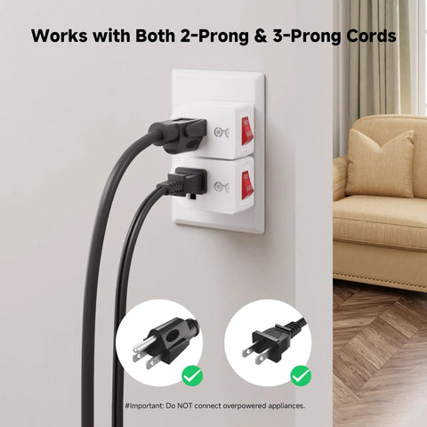 No Sweat Setup Real Deal Grounded Outlet Switch 3 Pack White Wall Power Control Toggle with 2-prong and 3-prong cords plugged in