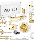 Gold Acrylic Office Desk Accessories Set with Stapler and Staples, Staple Remover, Tape Holder, Phone Stand, Pen Holder, Ruler, Scissors.