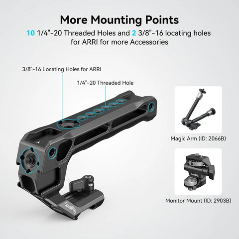 Lightweight NATO Top Handle for DSLR camera cages with multiple threaded holes for mounting accessories, black aluminum